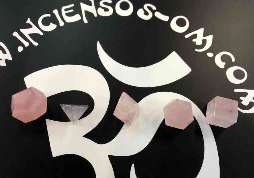 5 Sólidos Platónicos Cuarzo Rosa Con Bolsita Raso